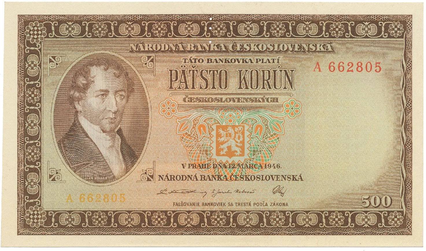 500 Koruna 1946, první jednopísmenková série A, perforace 3 m.d., Hej.81a.S1