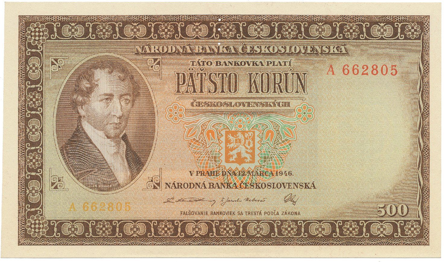 500 Koruna 1946, první jednopísmenková série A, perforace 3 m.d., Hej.81a.S1