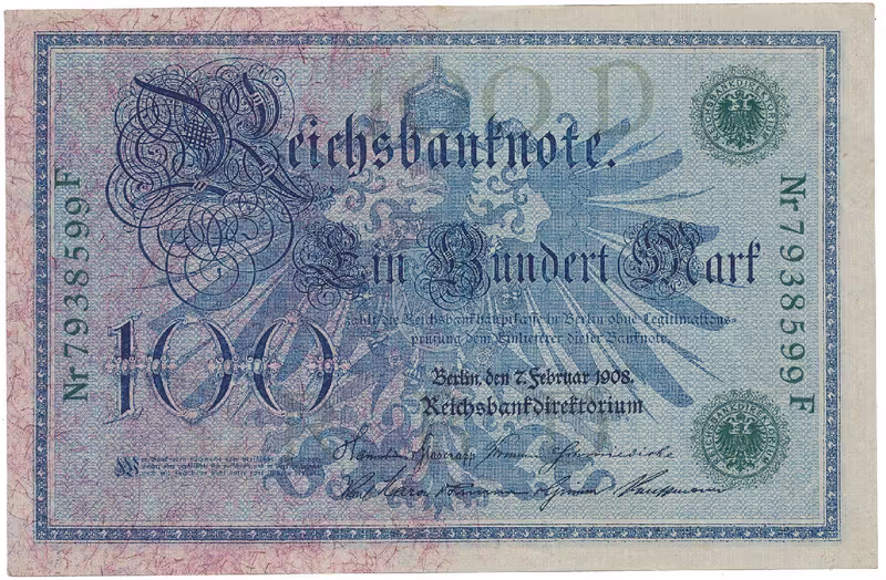 Německo, 100 Mark 1908, zelený číslovač, Ro.34