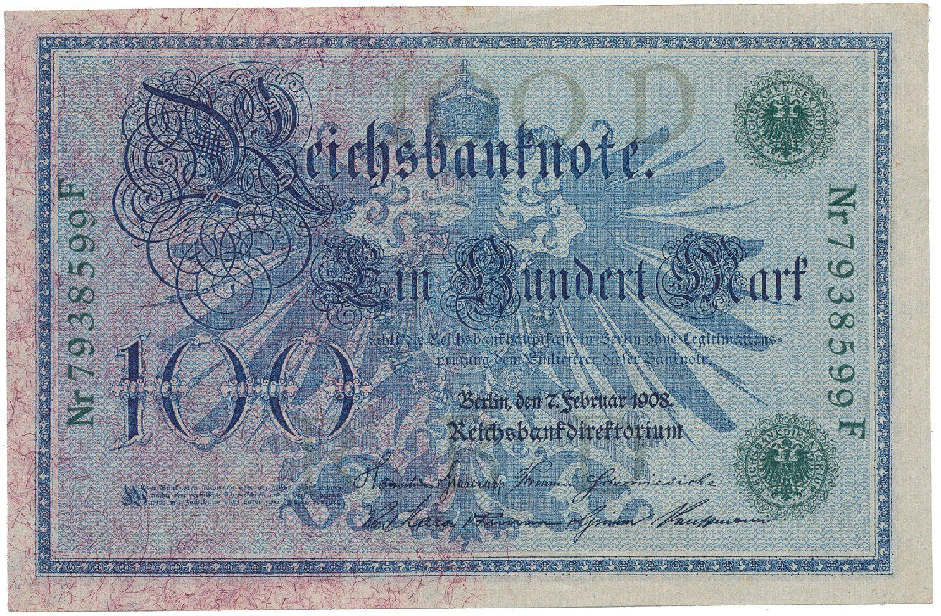 Německo, 100 Mark 1908, zelený číslovač, Ro.34