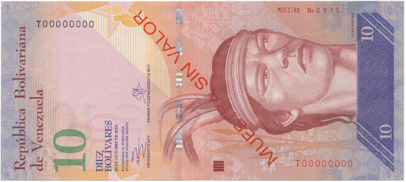Venezuela, 10 Bolivares 2013, anulát - MUESTRA SIN VALOR, P.90ds