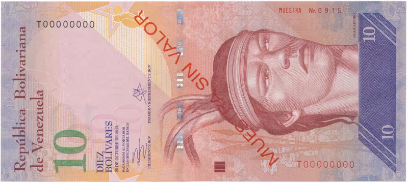 Venezuela, 10 Bolivares 2013, anulát - MUESTRA SIN VALOR, P.90ds