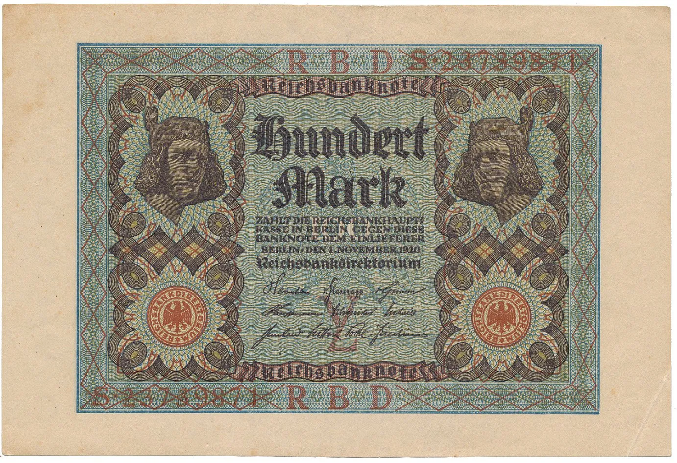 Německo, 100 Mark 1920, 8-místný číslovač, Ro.67b