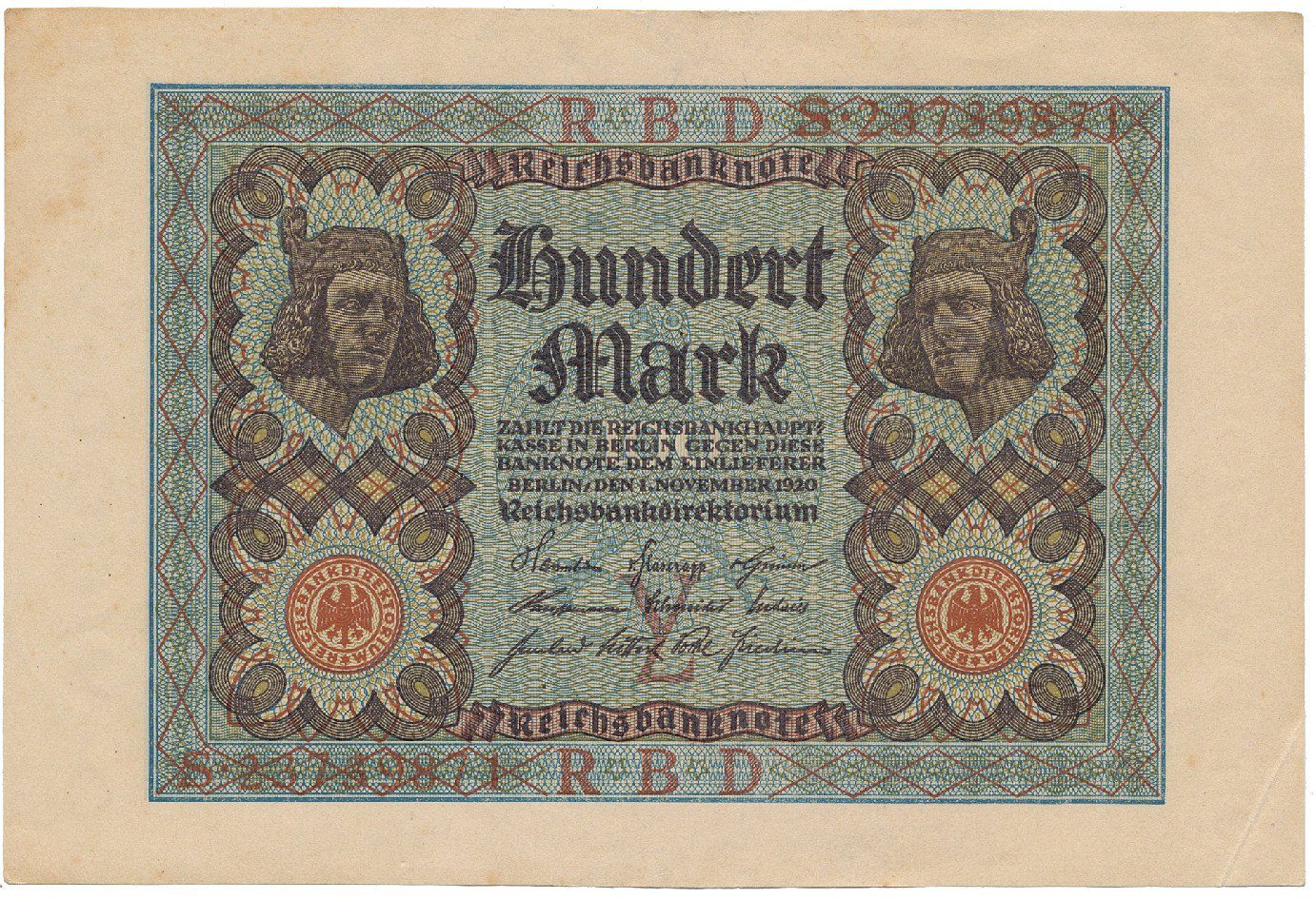Německo, 100 Mark 1920, 8-místný číslovač, Ro.67b