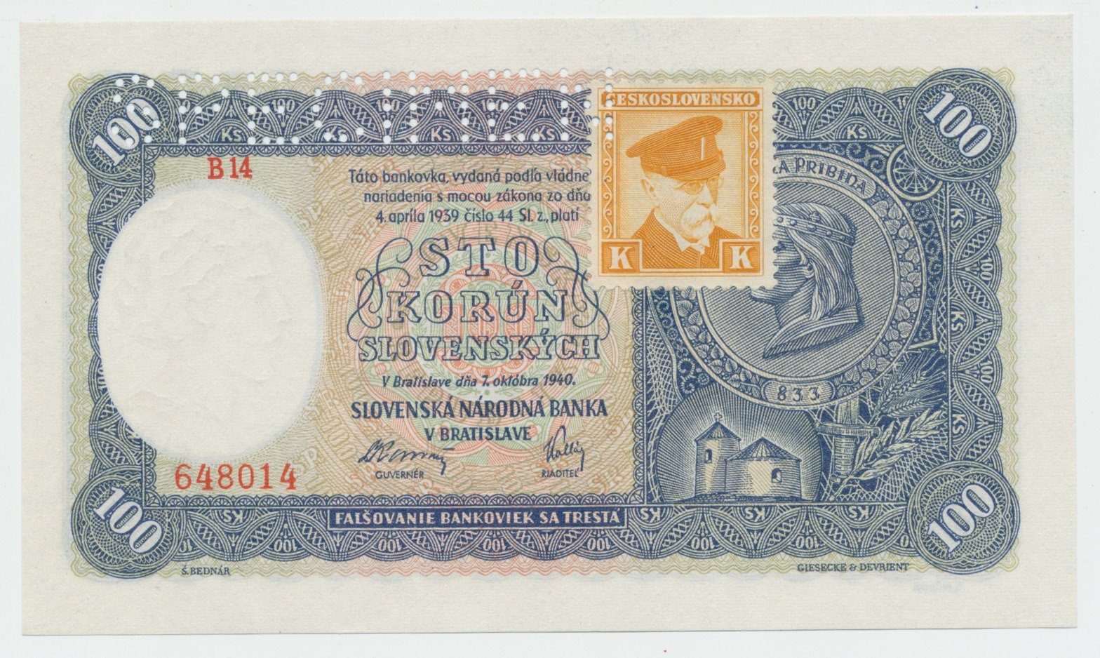 Československo, 100 Koruna 1940/1945, I. vydání, kolkovaná, série se 2 čísly, perf. 1x SPECIMEN nahoře, Hej.62a2.S1