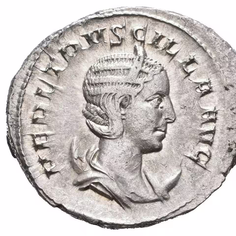 Antoninian, Rv: PVDICITIA AVG, stojící Pudicitia zleva drží žezlo, pravicí si přidržuje