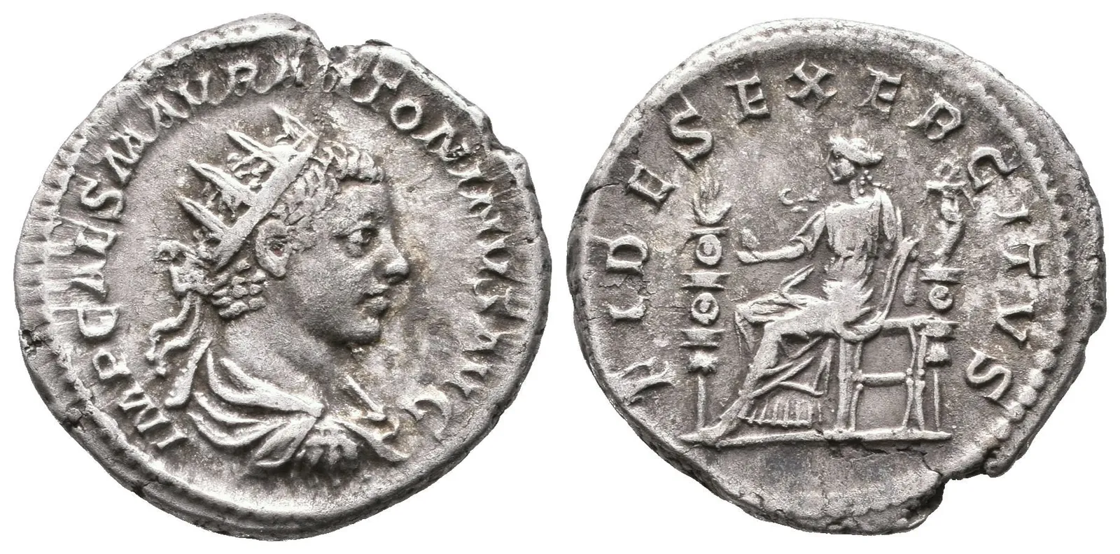 Antoninian, Rv: FIDES EXERCITVS, sedící Fides zleva drží orla a standartu, — 1