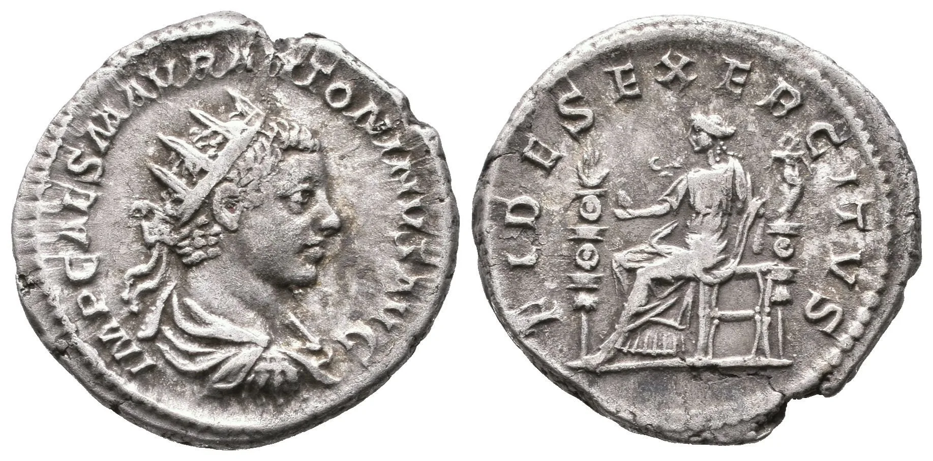 Antoninian, Rv: FIDES EXERCITVS, sedící Fides zleva drží orla a standartu, — 1