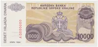 Chorvatsko - Srbská Krajina, 10.000 Dinara 1994, anulát, A 0000000, P.R31