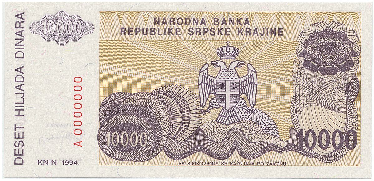Chorvatsko - Srbská Krajina, 10.000 Dinara 1994, anulát, A 0000000, P.R31