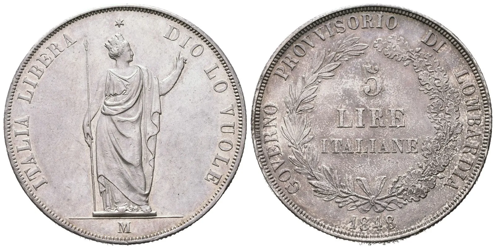 5 Lira 1848 M, Milano, dlouhé konce ratolestí, hvězda daleko od koruny, Ves.12b, KM.22.2, — 1