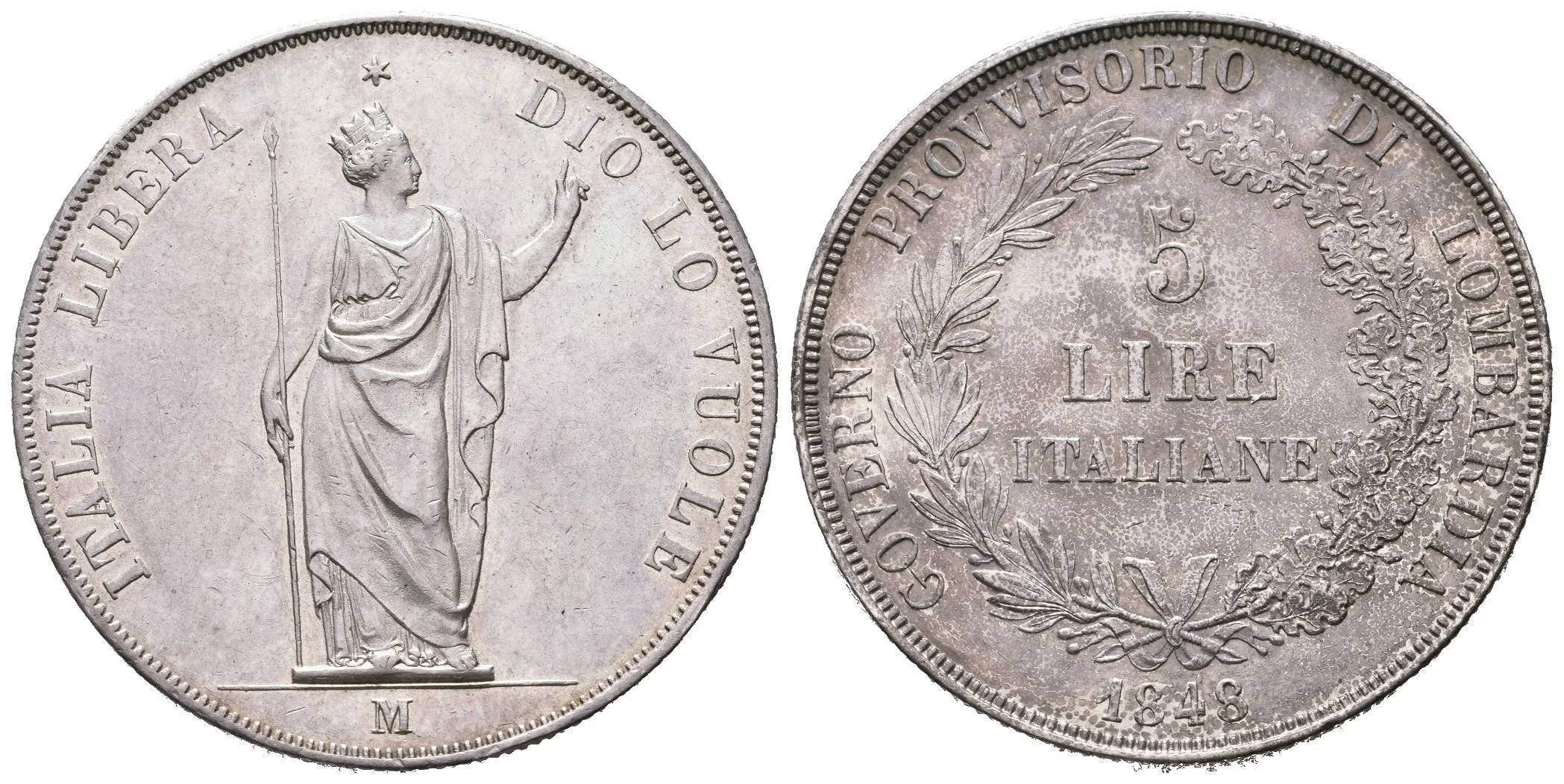 5 Lira 1848 M, Milano, dlouhé konce ratolestí, hvězda daleko od koruny, Ves.12b, KM.22.2, — 1
