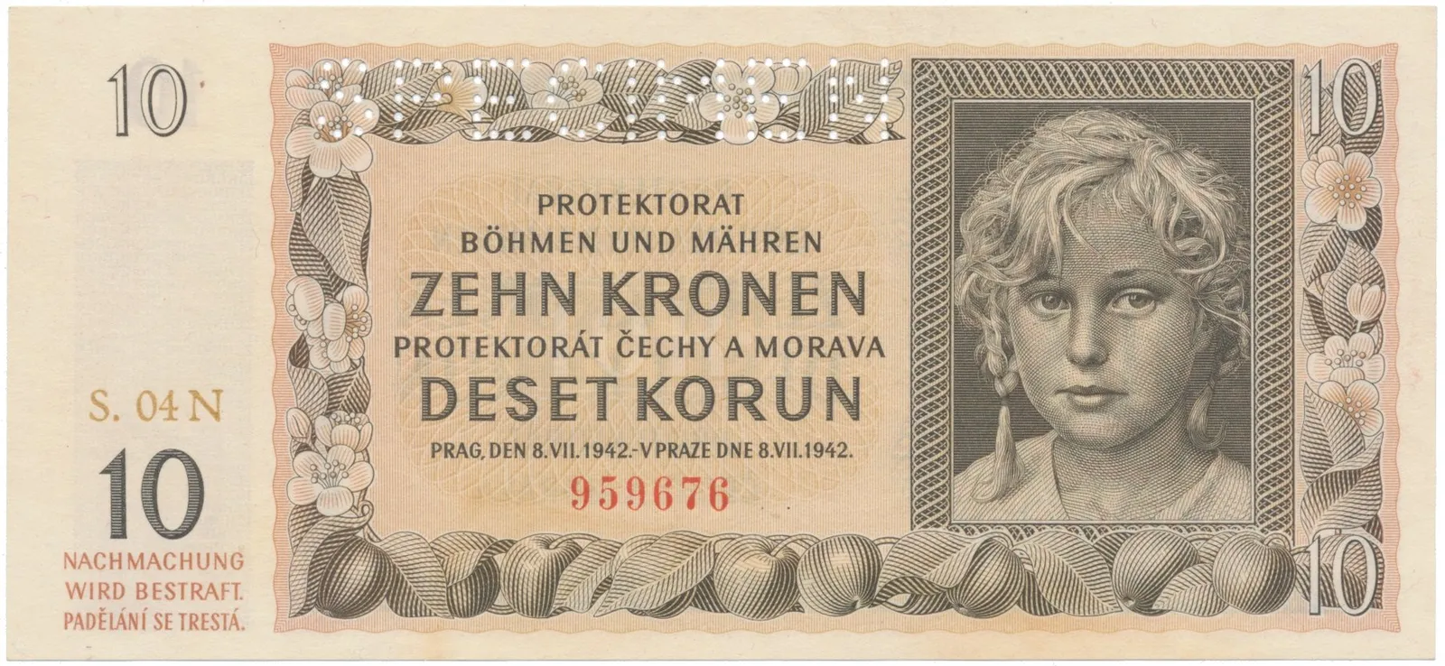 10 Koruna 1942, série N, SPECIMEN, Hej.37b1.S1