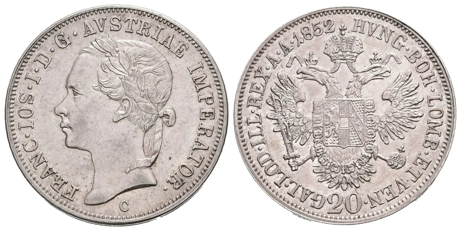 20 Krejcar 1852 C - Hlava zleva, krásná zachovalost, patina, zbytky lesku, drobné rysky — 1