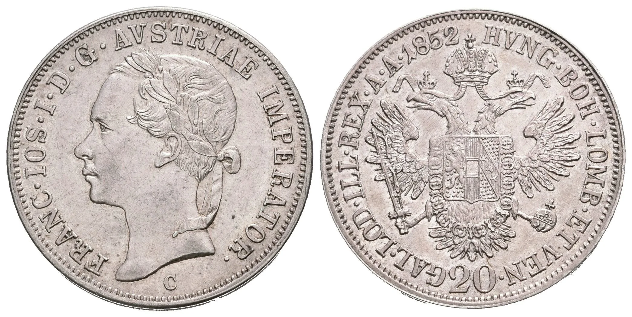 20 Krejcar 1852 C - Hlava zleva, krásná zachovalost, patina, zbytky lesku, drobné rysky — 1