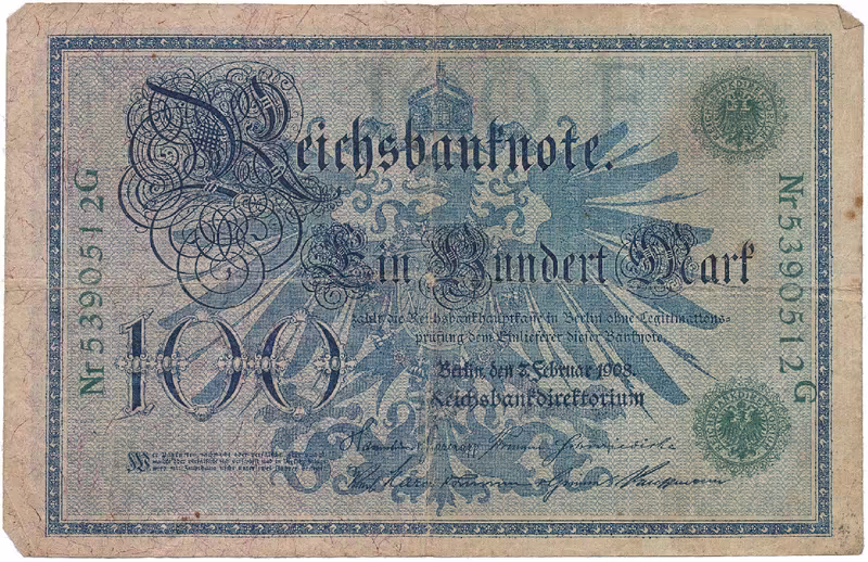 Německo, 100 Mark 1908, zelený číslovač, Ro.34