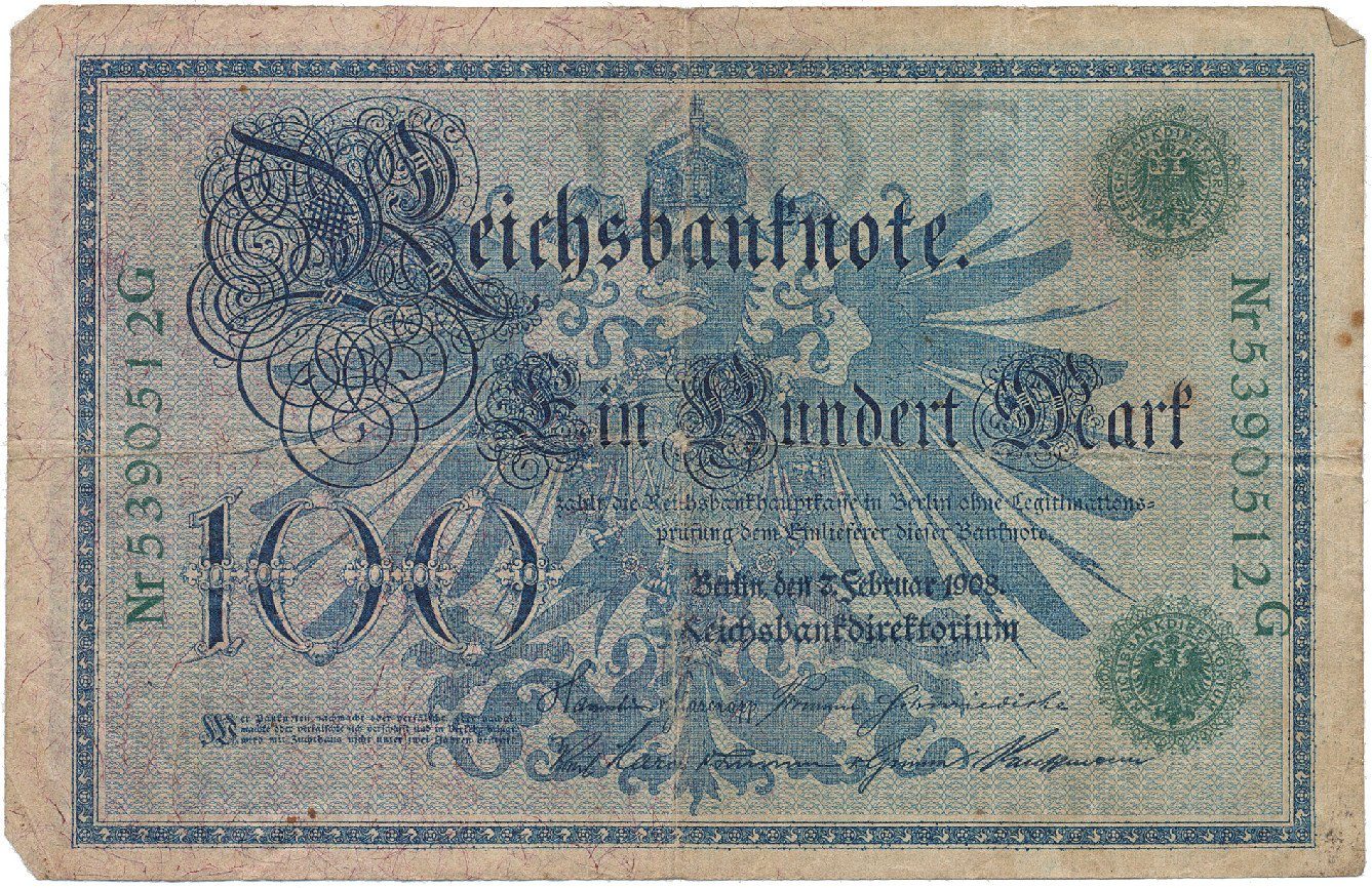 Německo, 100 Mark 1908, zelený číslovač, Ro.34