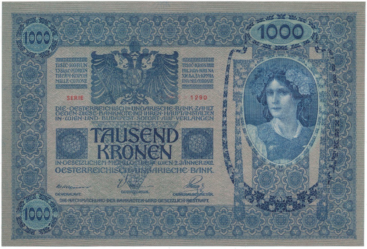 Rakousko - Uhersko, 1000 Koruna 1902, podtisk šedozelený, bez přetisku, Hej.RU5a