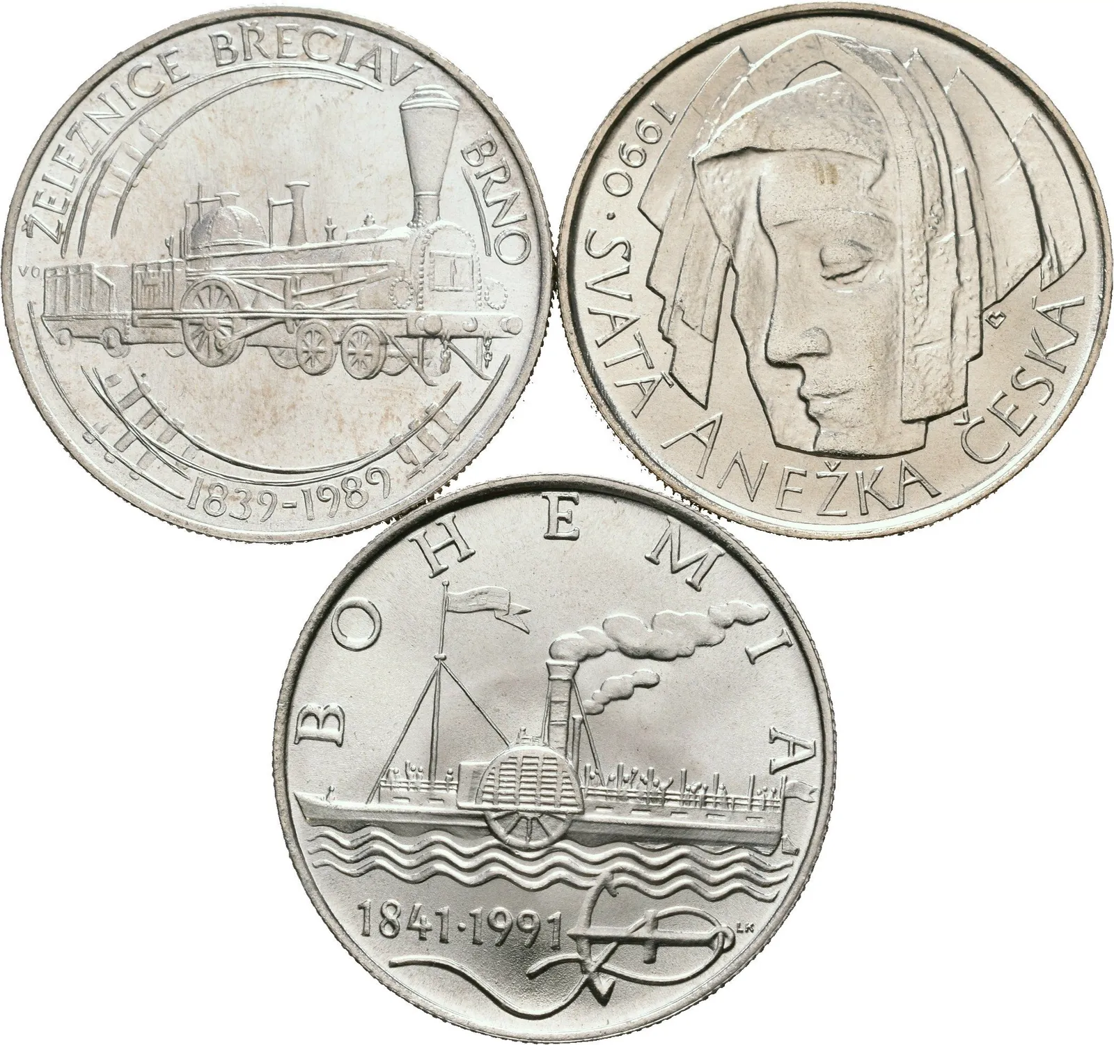 50 Kčs 1989 - Železnice Břeclav - Brno, 1990 - Anežka Česká, 1991 - parník Bohemia_3 ks — 1