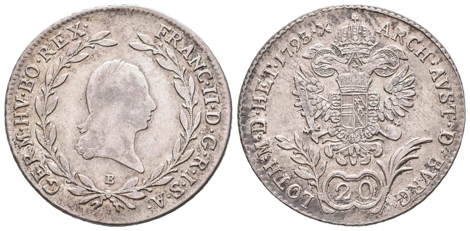 20 Krejcar 1795 B, Husz.1964, pěkná zachovalost, krásný Rv., zbytky lesku, patina, — 1