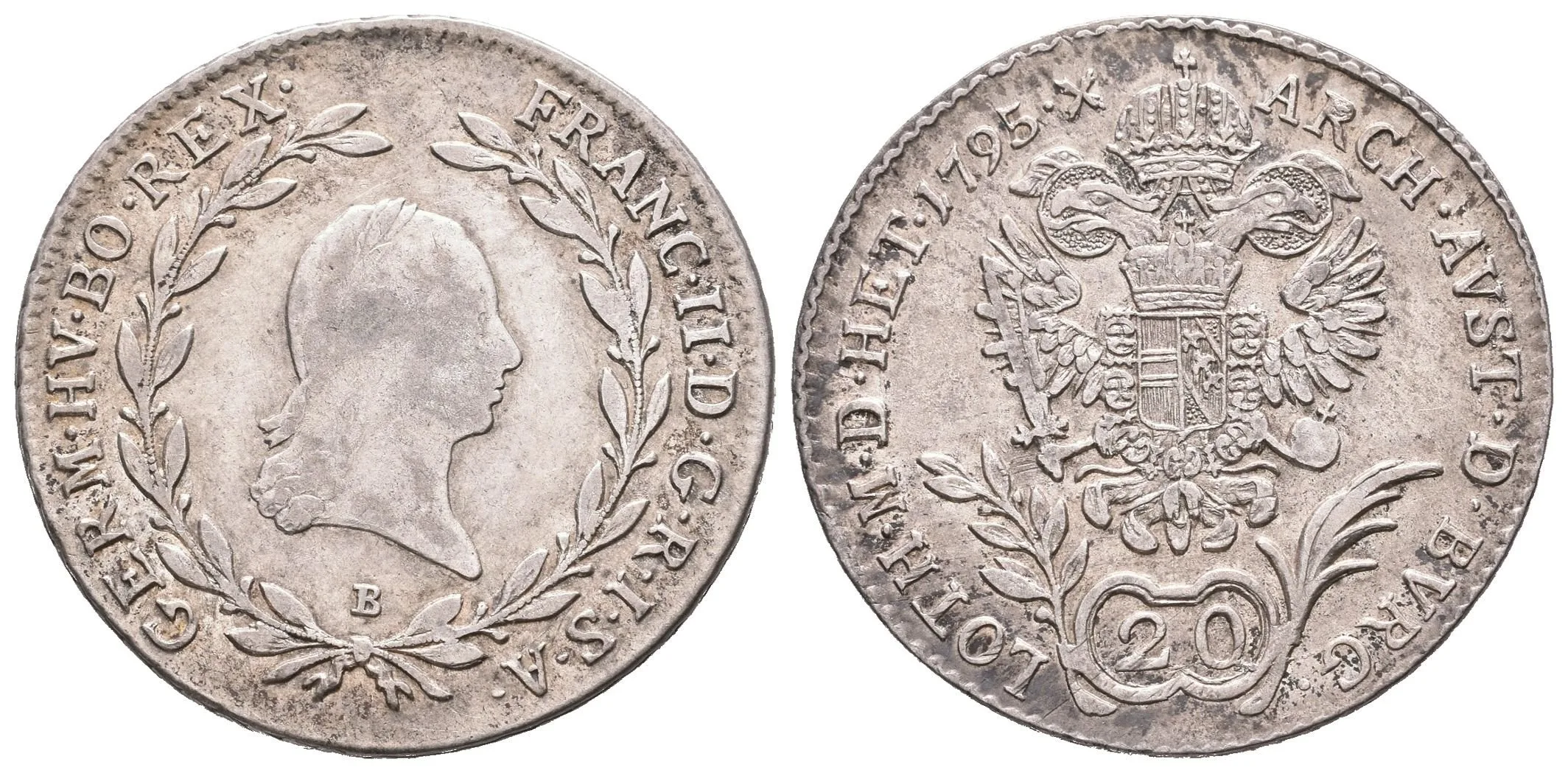 20 Krejcar 1795 B, Husz.1964, pěkná zachovalost, krásný Rv., zbytky lesku, patina, — 1