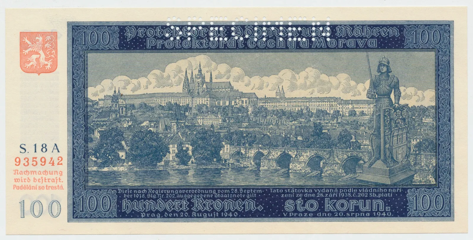 Protektorát Čechy a Morava, 100 Koruna 1940, I. vydání, série A, perf. 1x SPECIMEN, Hej.32aA.S1