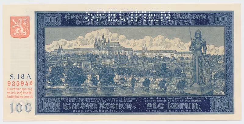 Protektorát Čechy a Morava, 100 Koruna 1940, I. vydání, série A, perf. 1x SPECIMEN, Hej.32aA.S1
