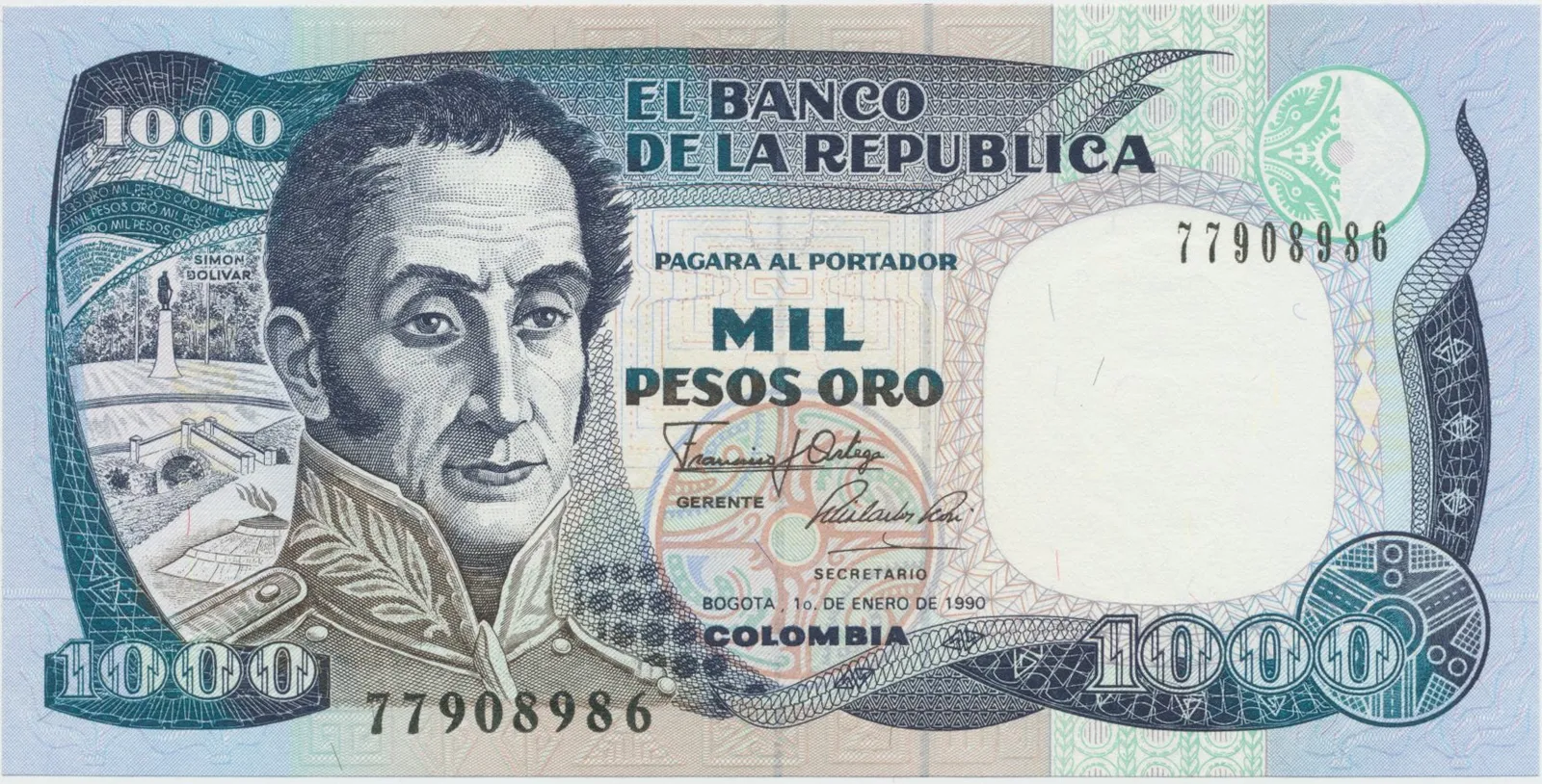 Kolumbie, 1000 Pesos Oro 1987-1991, P.432