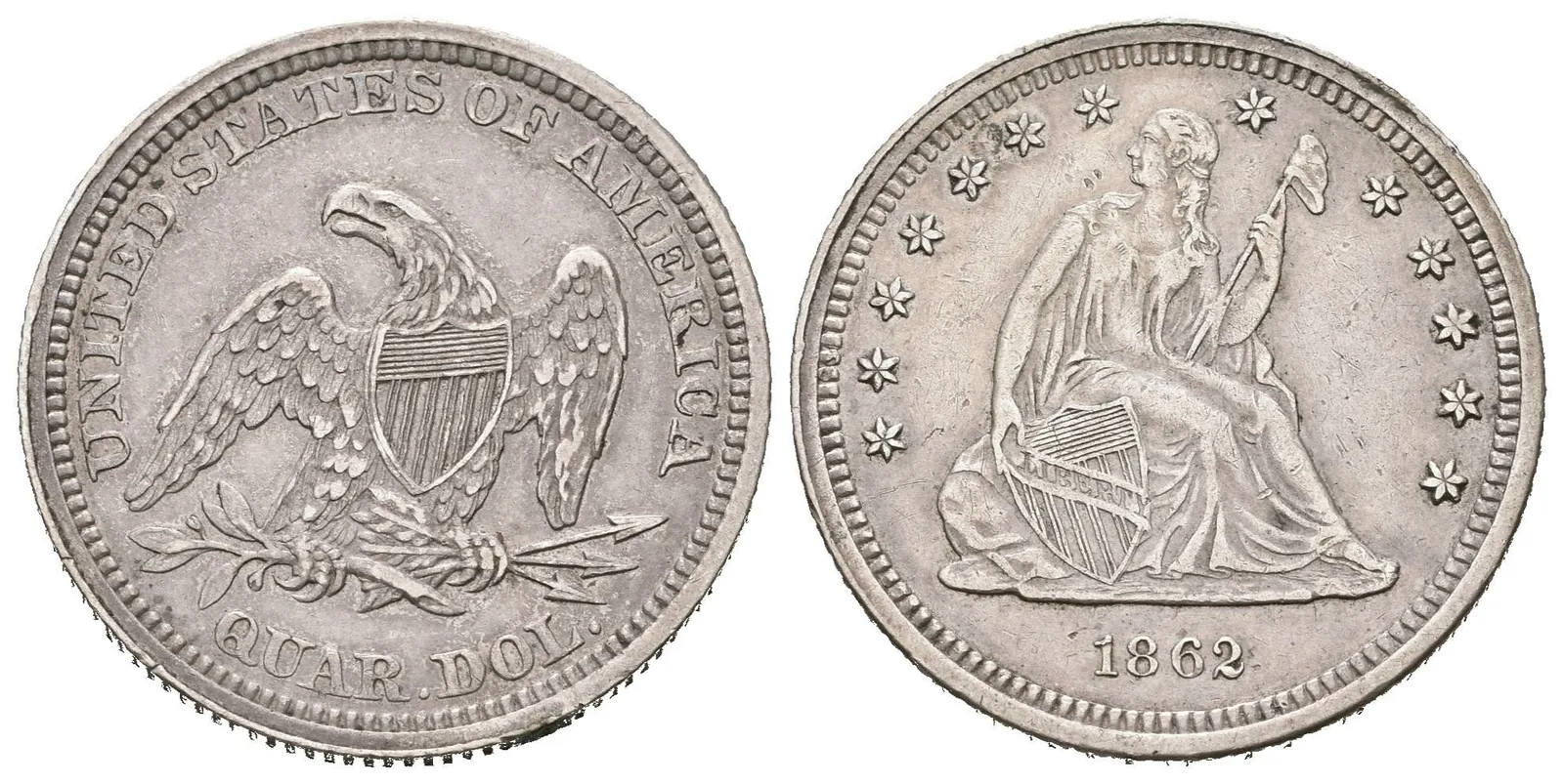 1/4 Dollar 1862, KM.A64.2, velmi pěkná zachovalost, patina, — 1