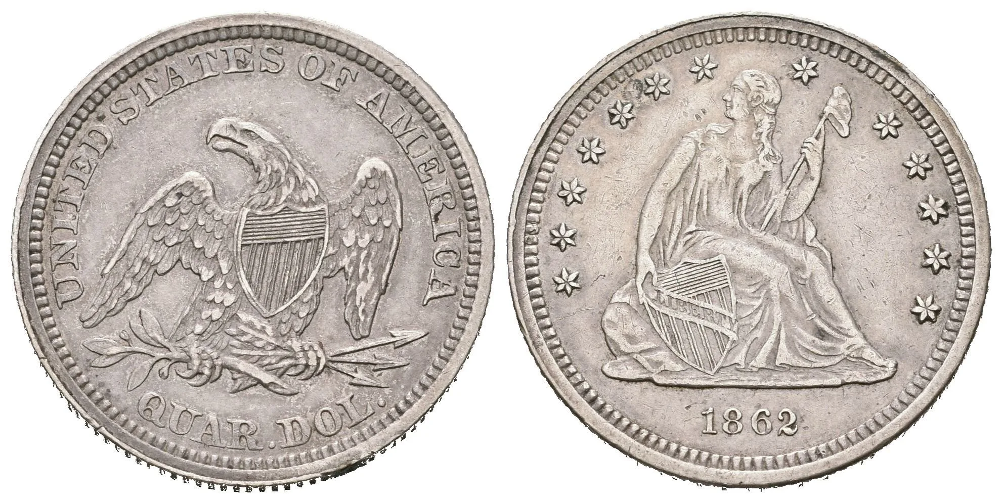 1/4 Dollar 1862, KM.A64.2, velmi pěkná zachovalost, patina, — 1