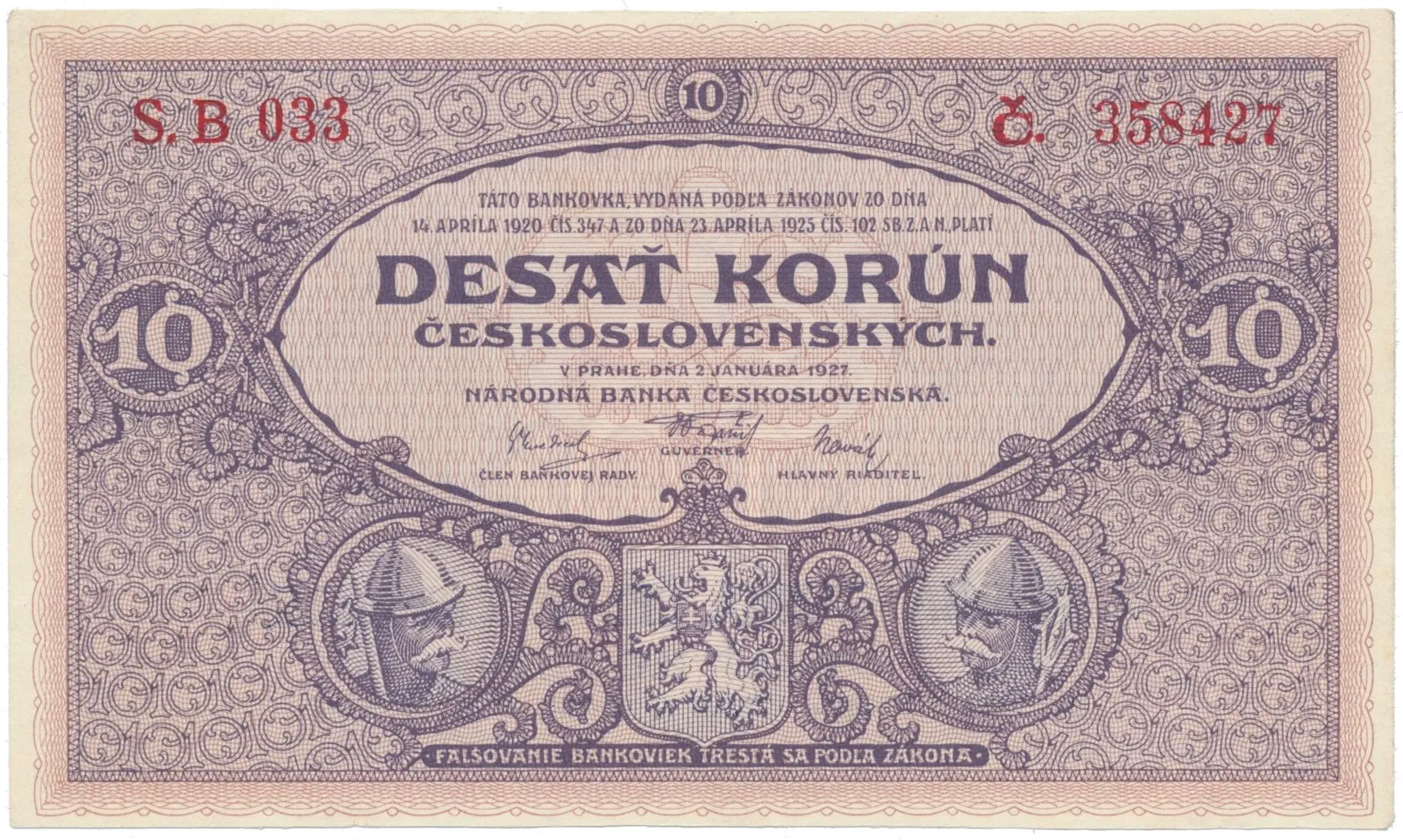 10 Koruna 1927, série B 033, Hej.22b