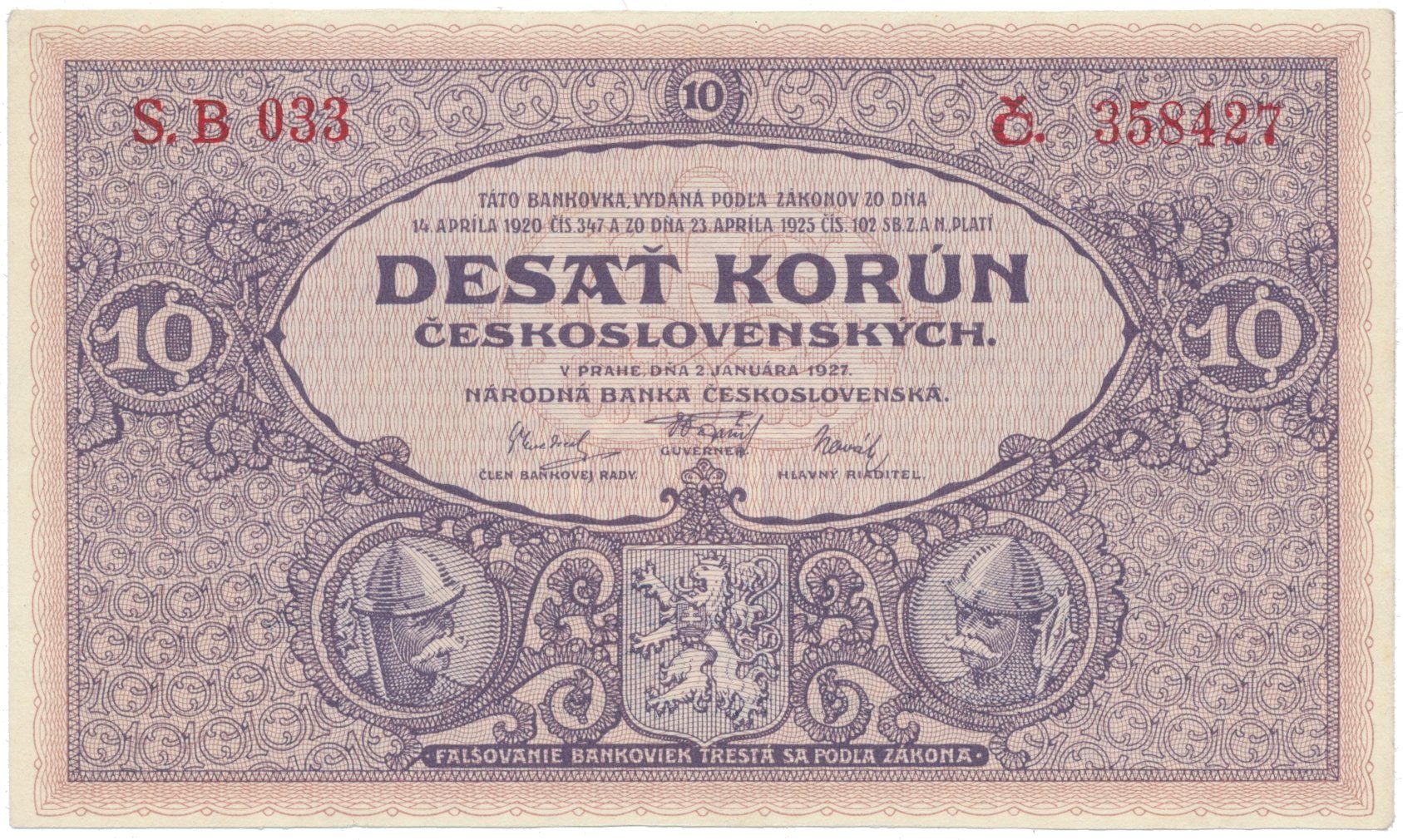 10 Koruna 1927, série B 033, Hej.22b