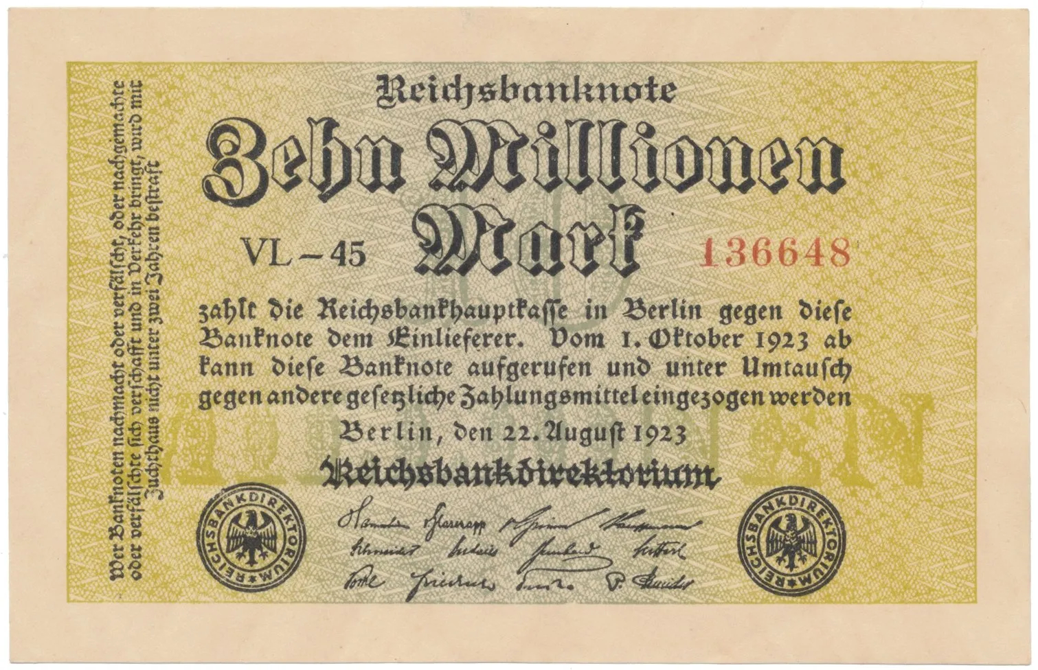 Německo, 10 Millionen Mark 1923, Ro.105a