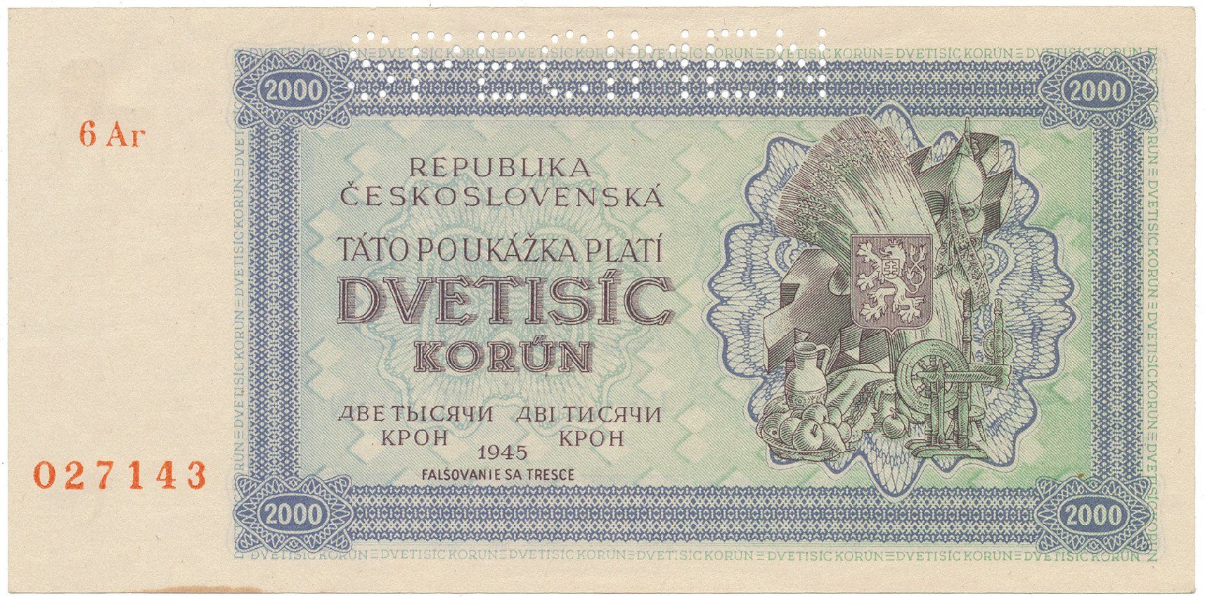Československo, 2000 Koruna 1945, série s 1 číslem, 1x SPECIMEN nahoře, Hej.69a1.S1
