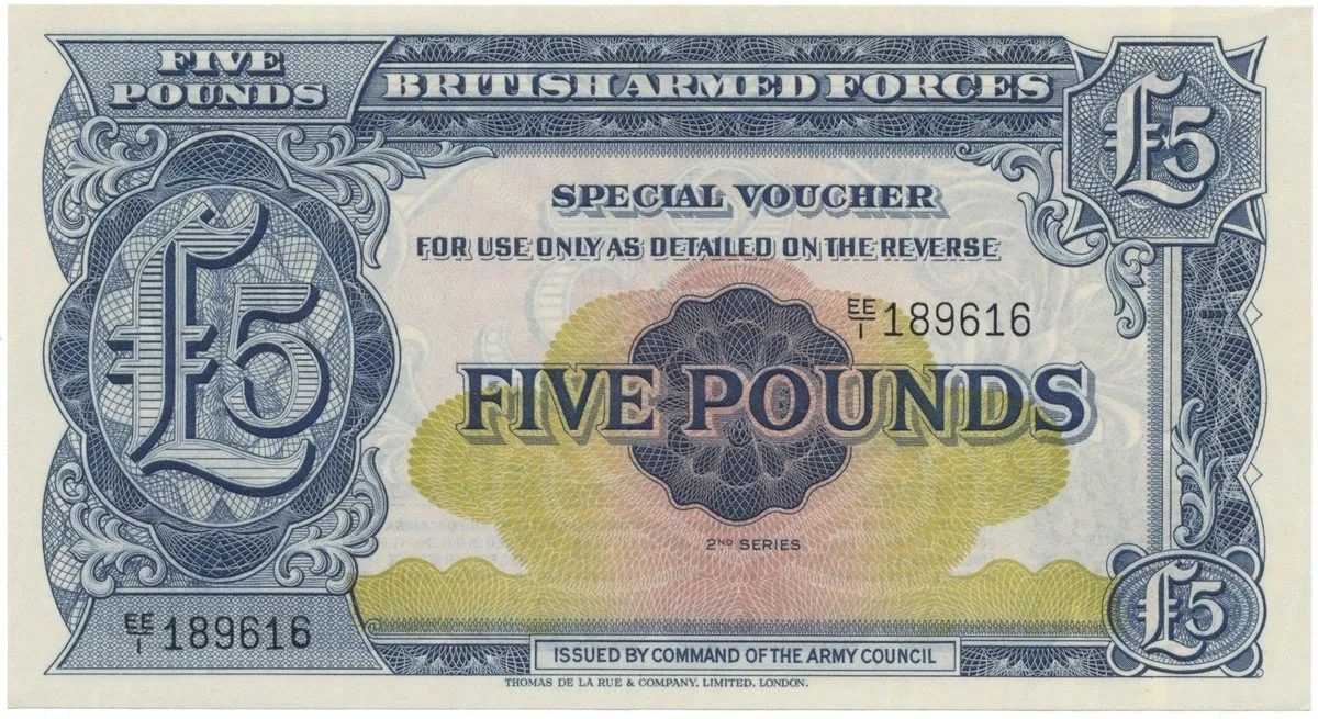 Velká Británie, 5 Pounds (1948), BAF - vojenské vydání, P.M23