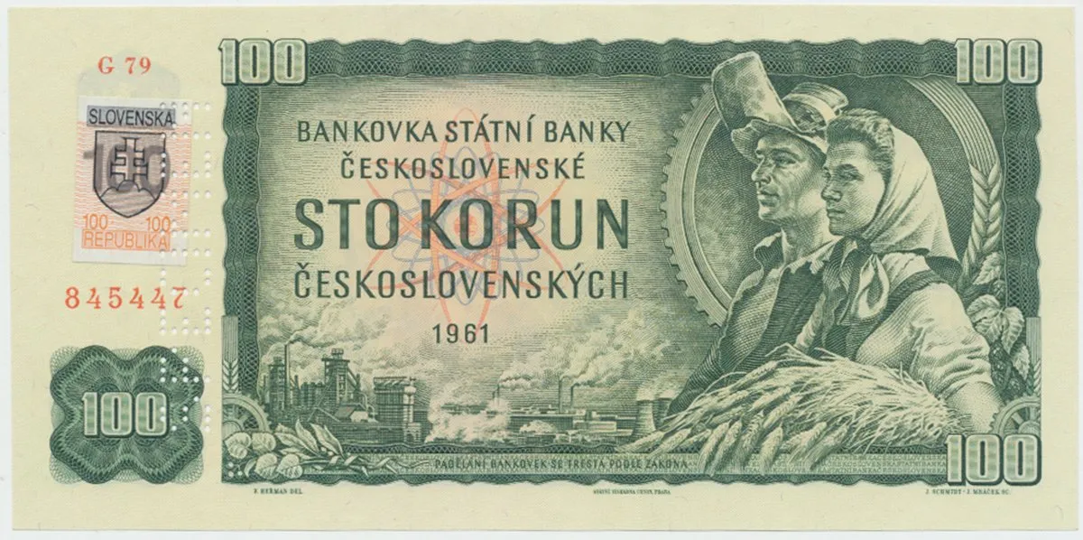 100 Koruna / 1961, kolkovaná 1993, série G 79, bankovní vzor, Hej.SK4bG.V1