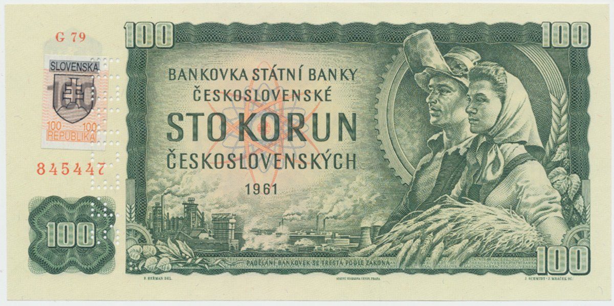 100 Koruna / 1961, kolkovaná 1993, série G 79, bankovní vzor, Hej.SK4bG.V1