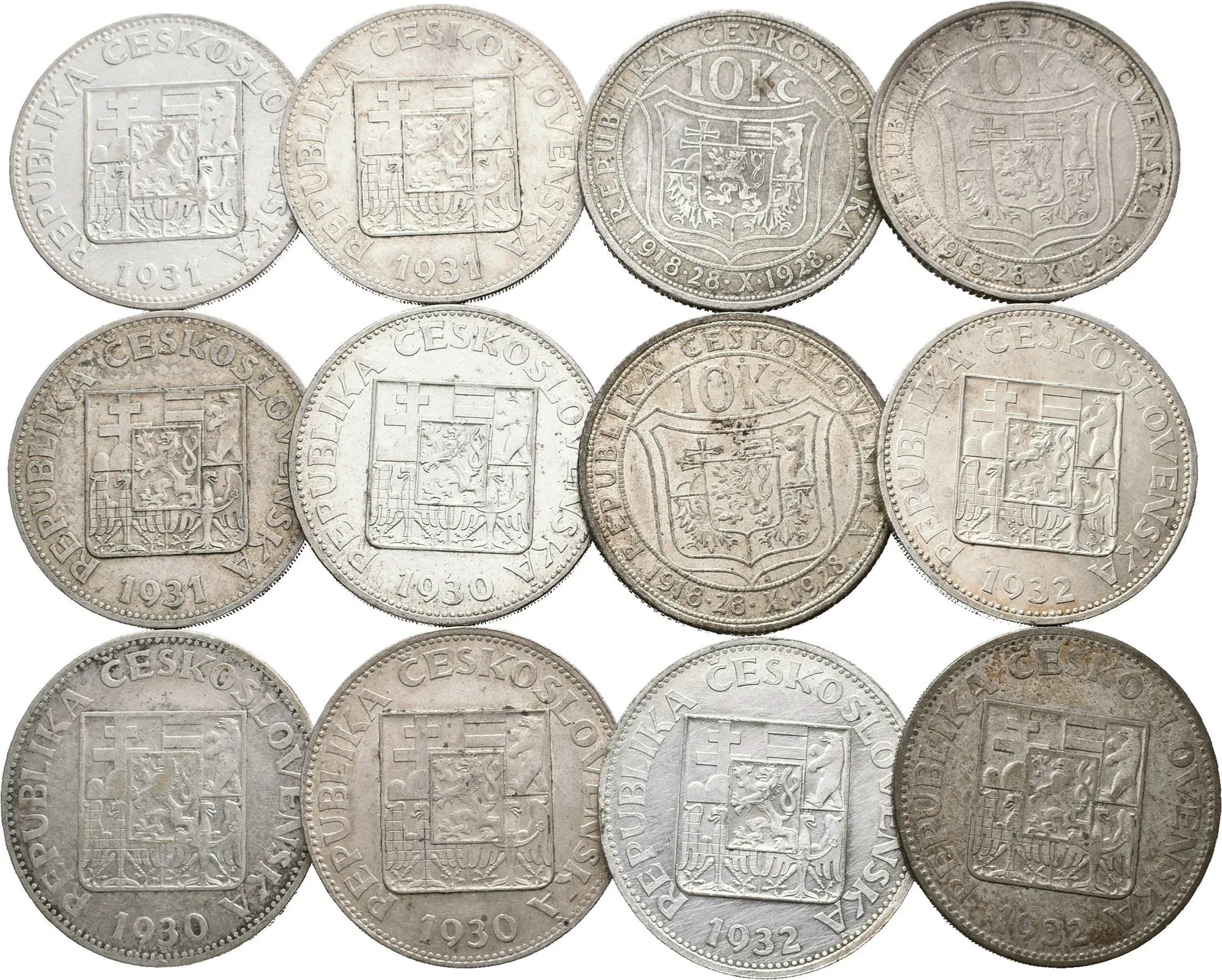 10 Koruna 1928 - Masaryk, 1930, 1931, 1932 (po 3 kusech), oběhové zachovalosti, — 1