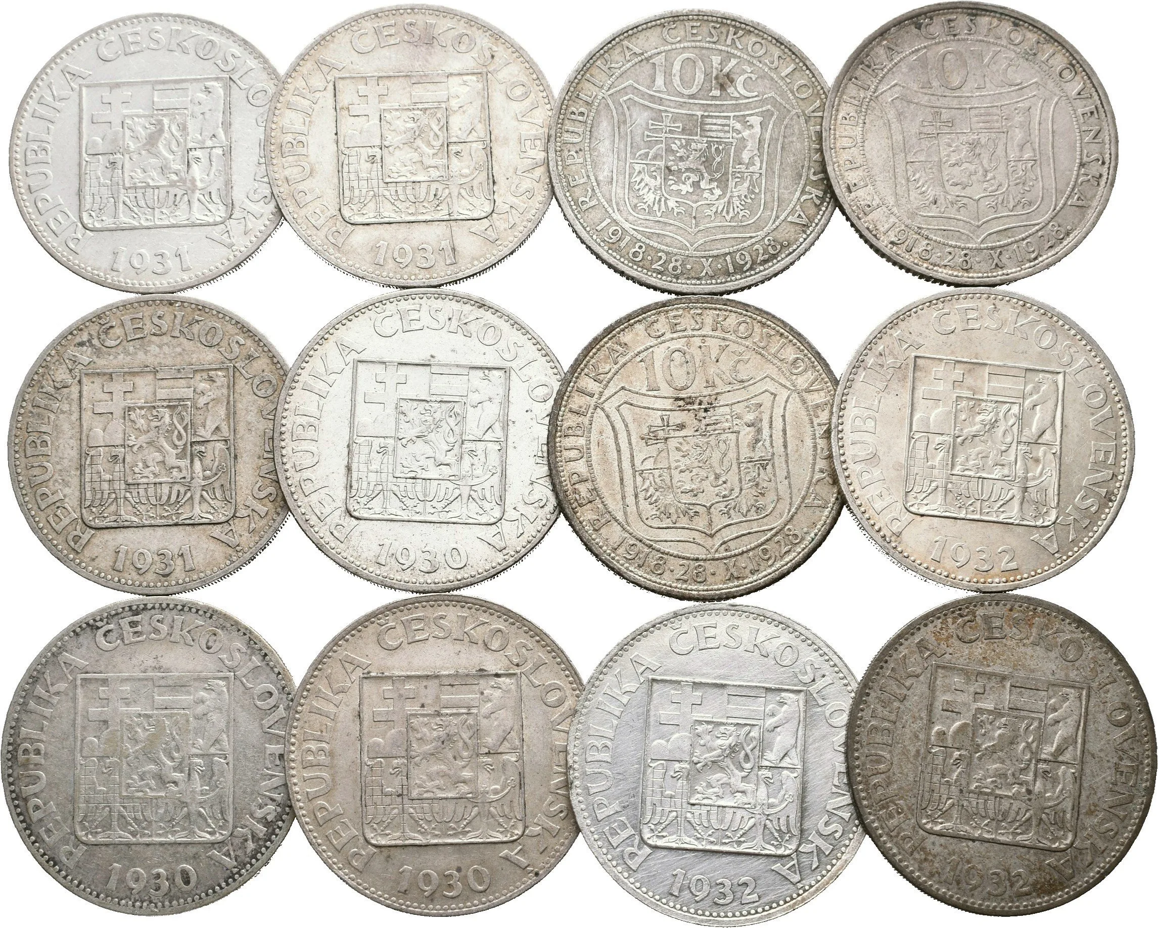 10 Koruna 1928 - Masaryk, 1930, 1931, 1932 (po 3 kusech), oběhové zachovalosti, — 1