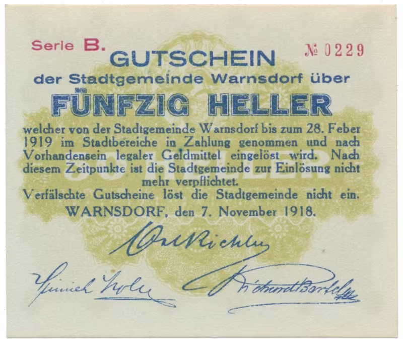 Warnsdorf (Varnsdorf) - město, 50 hal  7. 11. 1918, HH.245.2.1