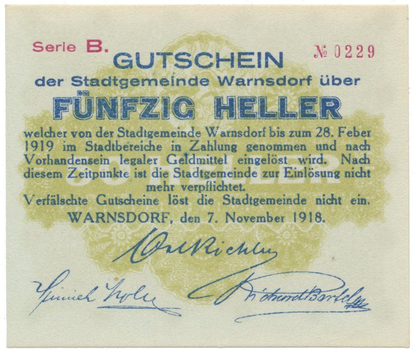 Warnsdorf (Varnsdorf) - město, 50 hal  7. 11. 1918, HH.245.2.1