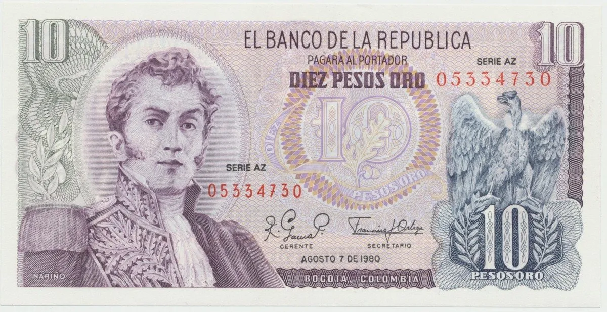 Kolumbie, 10 Pesos Oro 1980, P.407g-h