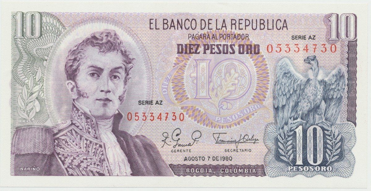 Kolumbie, 10 Pesos Oro 1980, P.407g-h