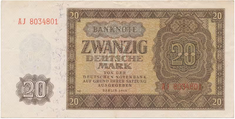 Německo - NDR, 20 DM 1948, tisk NDR (1952), 7-místný číslovač, Ros.344d