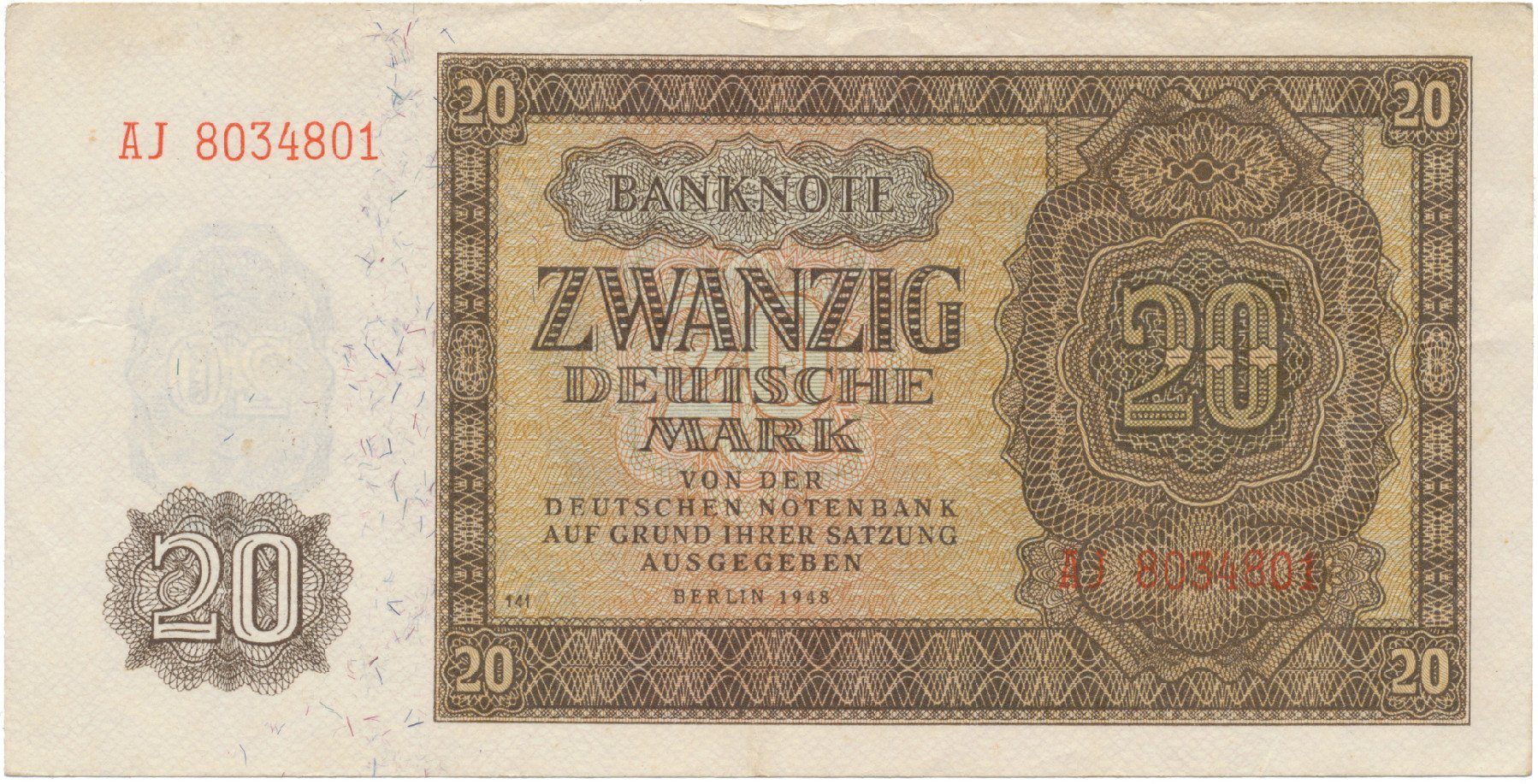 Německo - NDR, 20 DM 1948, tisk NDR (1952), 7-místný číslovač, Ros.344d