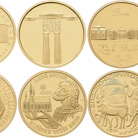 Sada zlatých mincí 2000 Kč - Deset století architektury 2001 - 2005, luxusní dřevěná