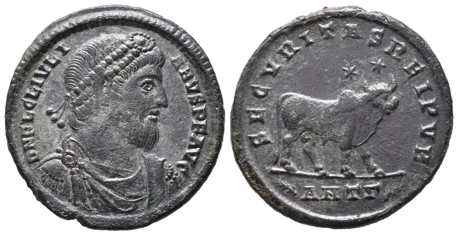 AE 1, Antiochia, 361 - 363, Rv: SECVRITAS REIPVB, stojící býk zprava, nad ním dvě — 1