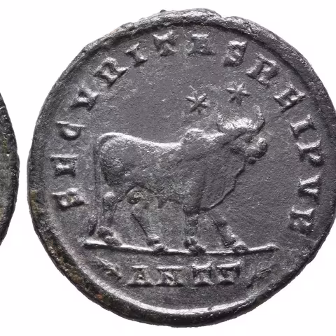 AE 1, Antiochia, 361 - 363, Rv: SECVRITAS REIPVB, stojící býk zprava, nad ním dvě
