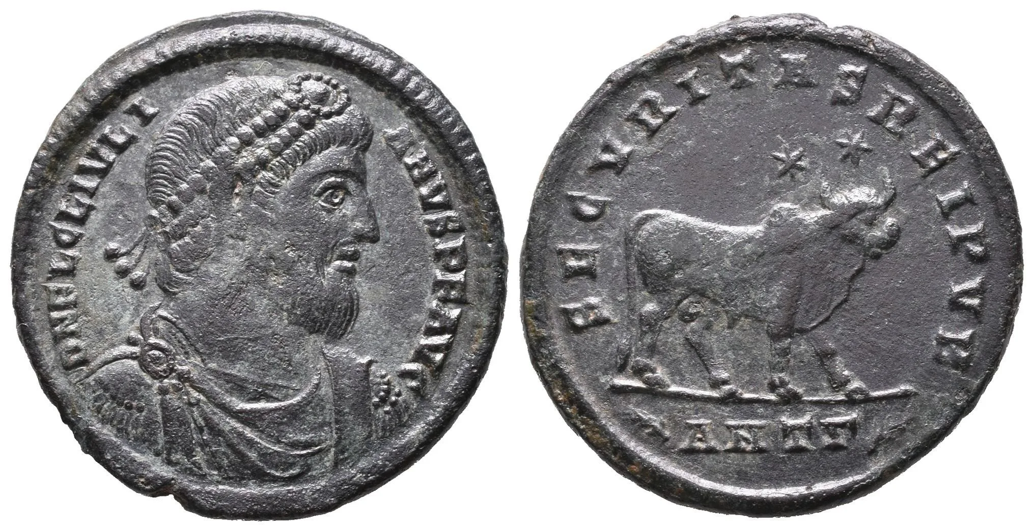 AE 1, Antiochia, 361 - 363, Rv: SECVRITAS REIPVB, stojící býk zprava, nad ním dvě — 1
