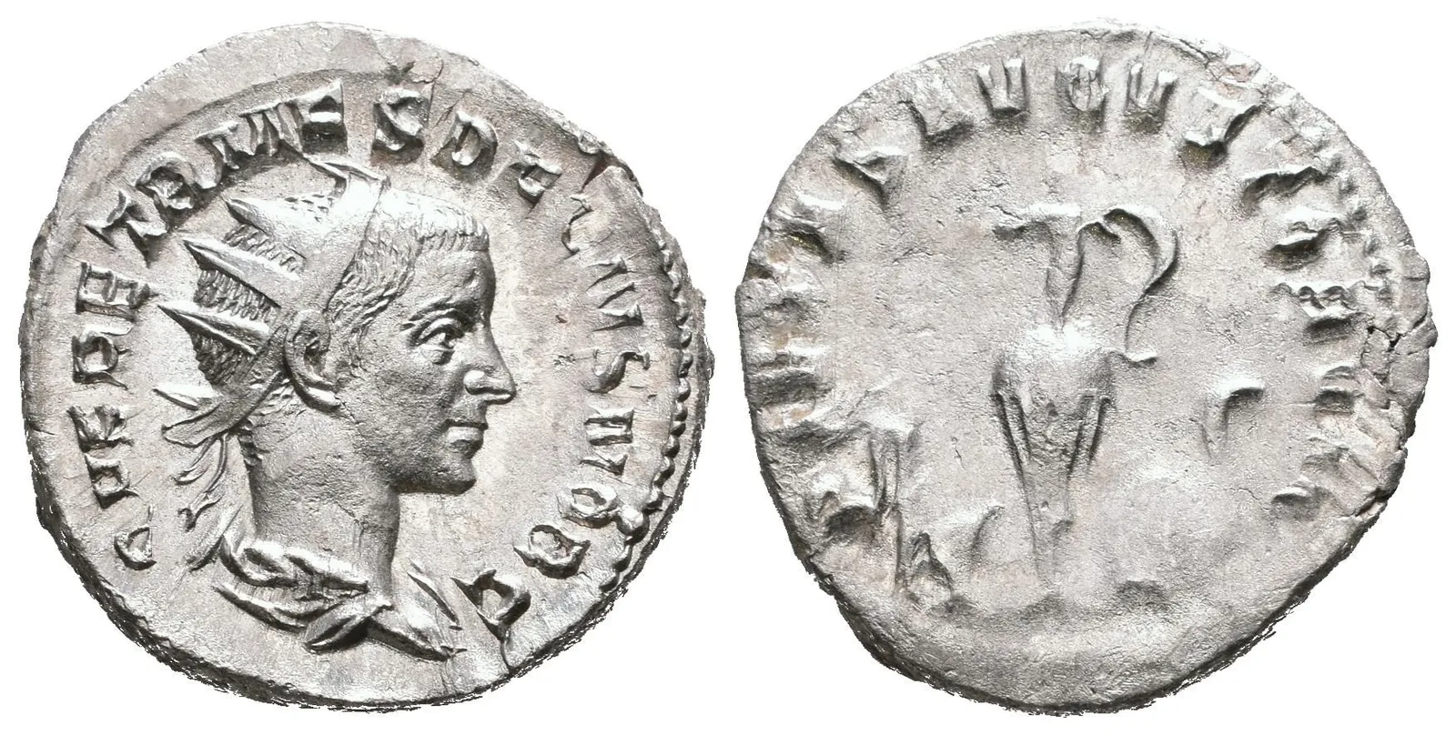 Antoninian, Rv: PIETAS AVGVSTORVM, aspergillum, simpulum, konvice, štít — 1